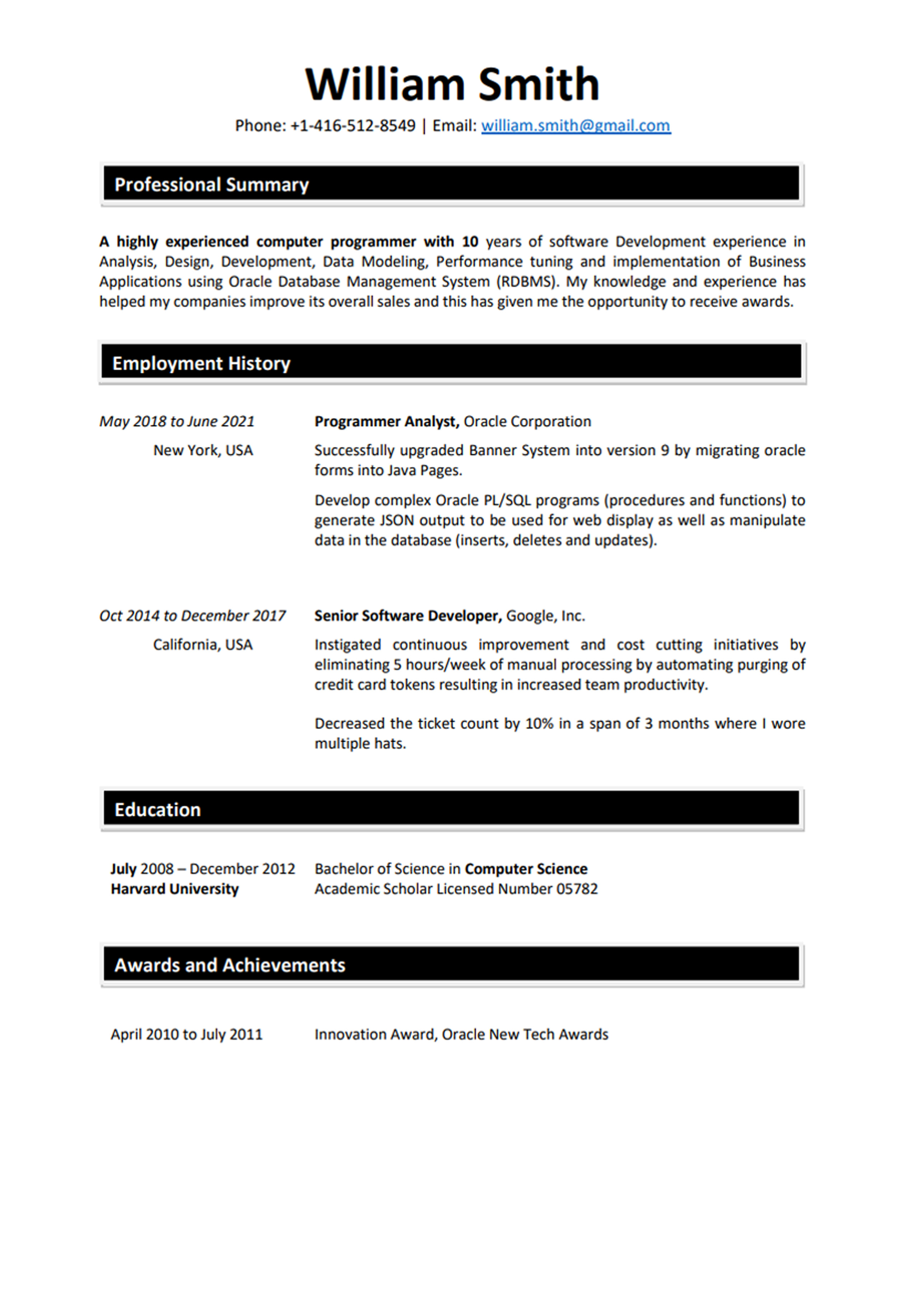 resume sample for canada